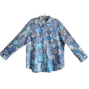 CHICO'S 3 Women's Petite 16P Shirt Blue Paisley Roll Up Tabs Cotton 44"
